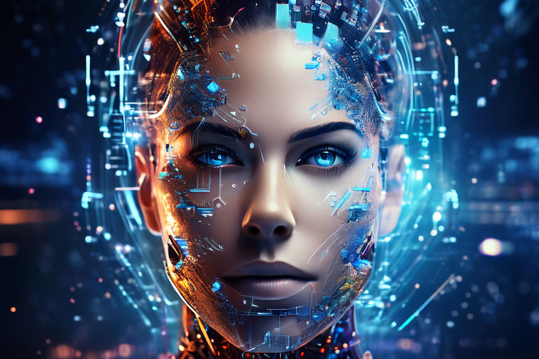Digital artificial intelligence humanoid face symbolizing the possible strong connection between people and ai.