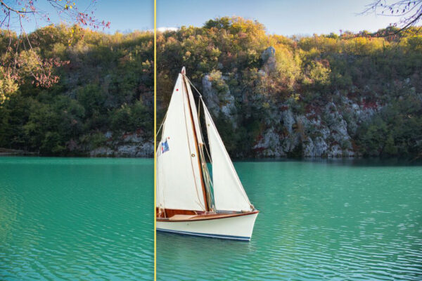 lake with and without a small boat generated with luminar neo genswap