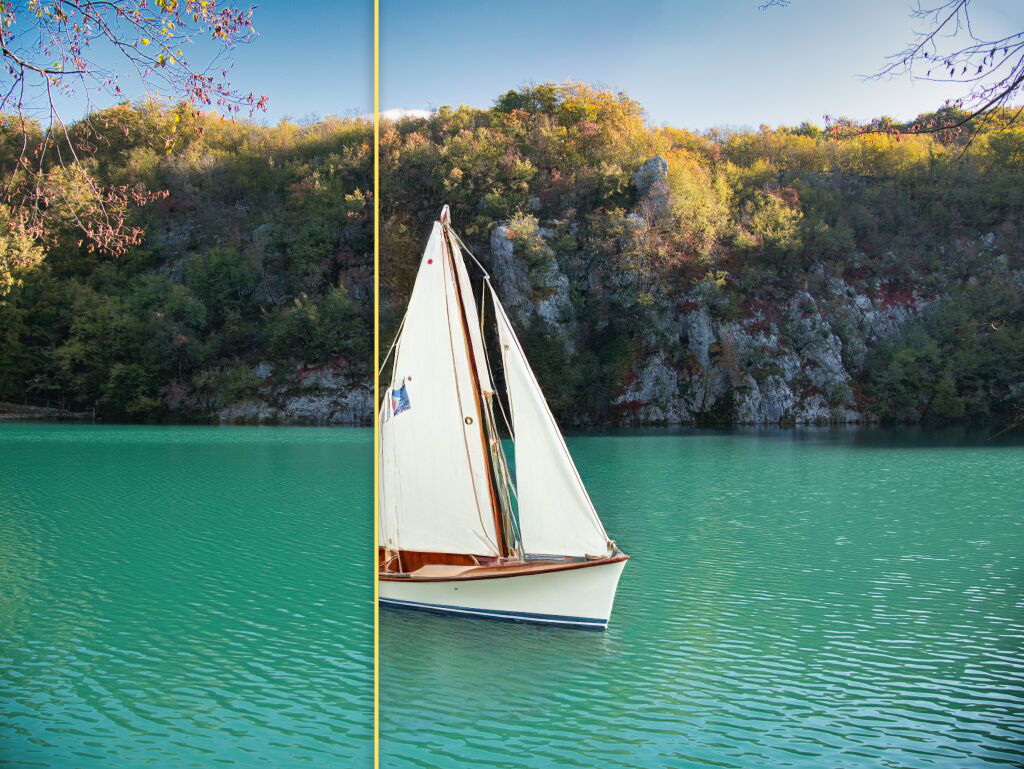 lake with and without a small boat generated with luminar neo genswap